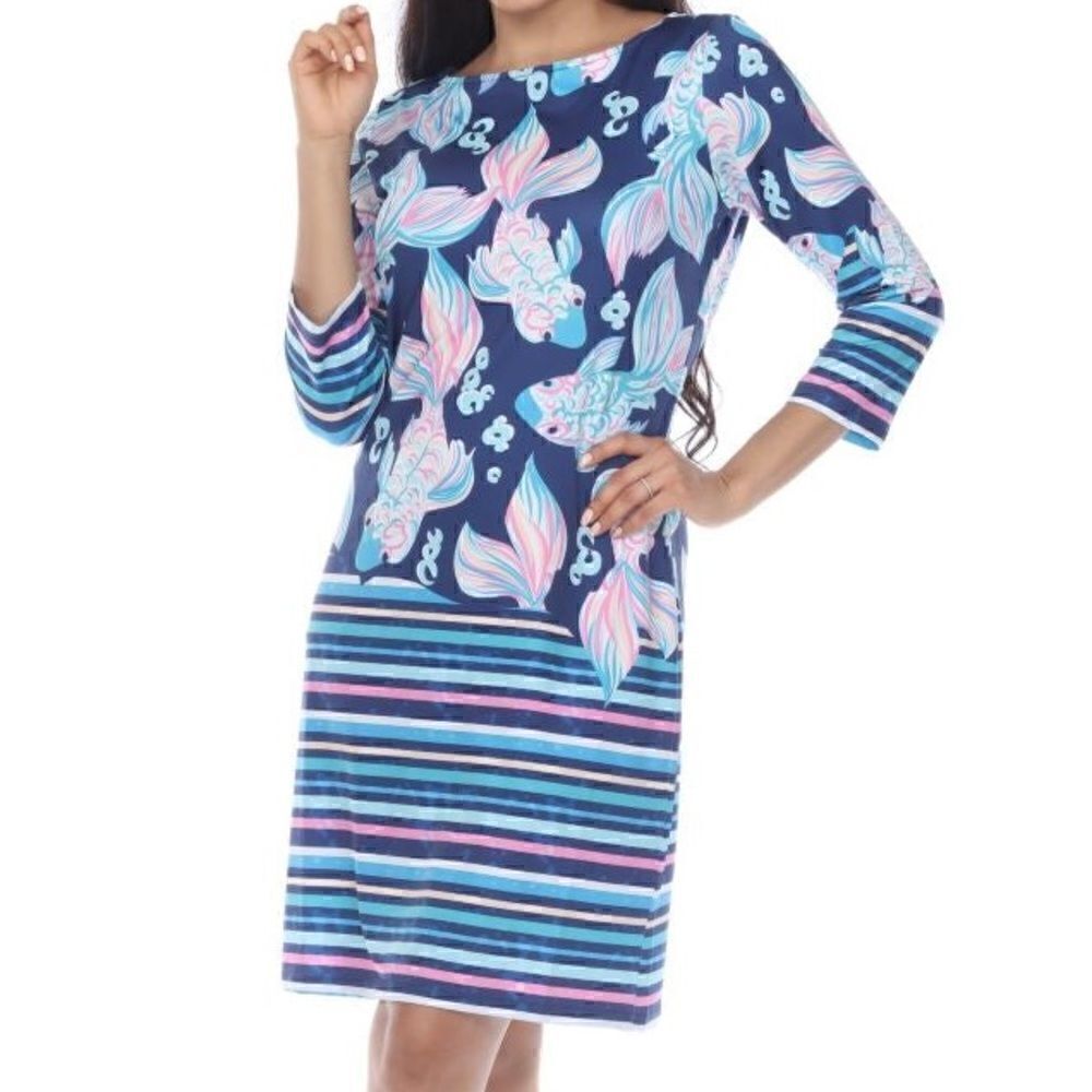 Tango Mango S NWT Blue Pink Koi Fish Stripe ALine Summer Cruise Vacation Dress